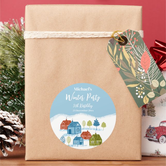 Winter houses Birthday Party Baby  gift Classic Round Sticker (Holiday)