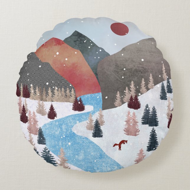 Winter Hunting Fox Round Cushion (Front)