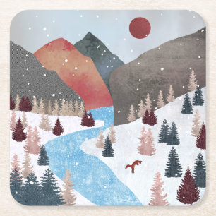 Winter Hunting Fox Square Paper Coaster