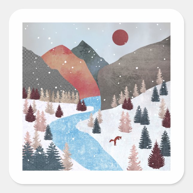 Winter Hunting Fox Square Sticker (Front)
