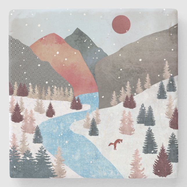 Winter Hunting Fox Stone Coaster (Front)