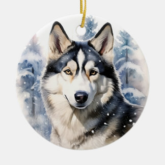 Winter Husky Ceramic Ornament
