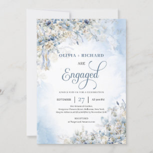 Winter ice blue flowers white roses greenery invitation