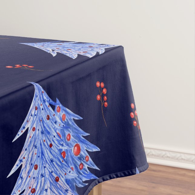 Winter Ice Blue Tree Holly Berries Navy Christmas Tablecloth (In Situ)