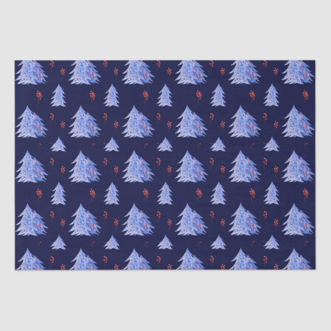 Winter Ice Blue Tree Holly Berries Navy Christmas Tissue Paper (Front)