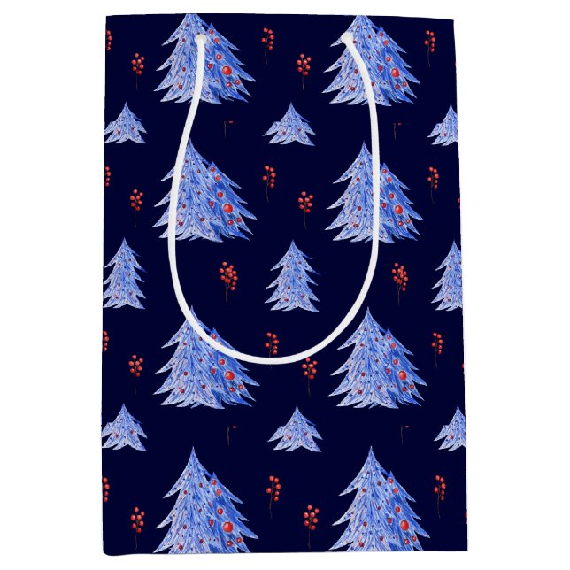 Winter Ice Blue Trees Holly Berries Navy Christmas Medium Gift Bag (Front)