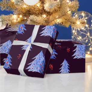 Winter Ice Blue Trees Holly Berries Plum Christmas Wrapping Paper