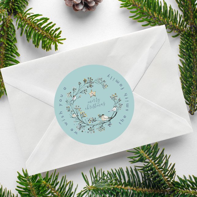 Winter Ice Blue Wreath Christmas Card Classic Round Sticker (Creator Uploaded)