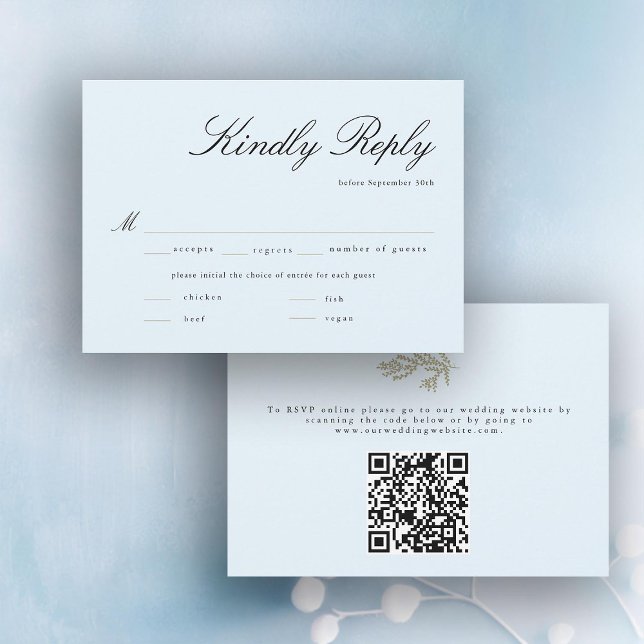 Winter Ice Botanical QR Code Meal Wedding RSVP (ice blue winter wedding rsvp card meal choice qr code gold botanical foliage elegant modern classic)