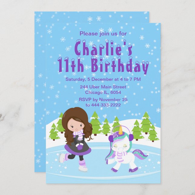 Winter Ice Skating Birthday Brown Hair Girl Invita Invitation (Front/Back)