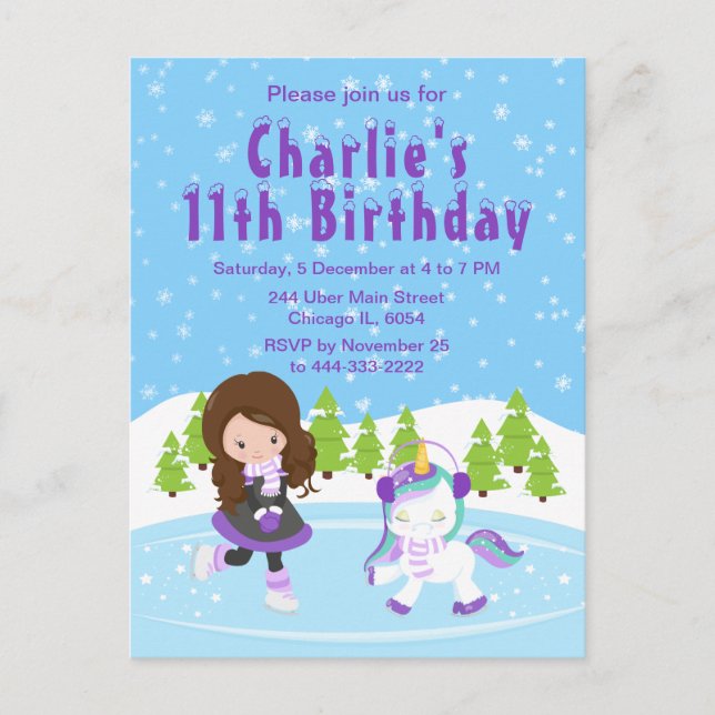 Winter Ice Skating Birthday Brown Hair Girl Postca Postcard (Front)