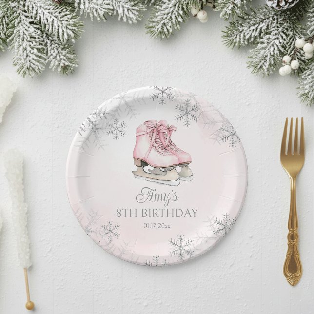 Winter Ice Skating Birthday Pink Silver Snowflakes Paper Plate (Creator Uploaded)