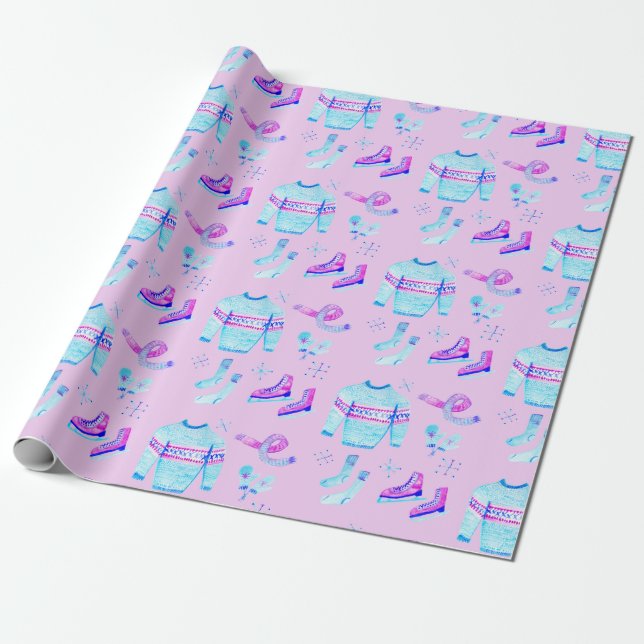 Winter Ice Skating Cosy Watercolor Holiday Gift  Wrapping Paper (Unrolled)