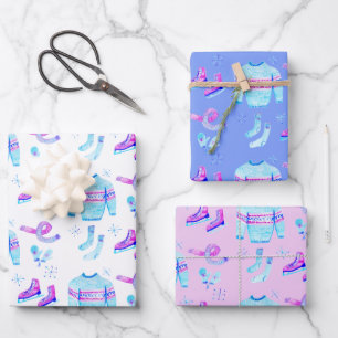 Winter Ice Skating Cozy Watercolor Holiday Gift   Wrapping Paper Sheet