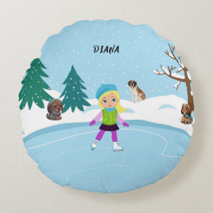 Winter Ice Skating Scene girl's Round Cushion