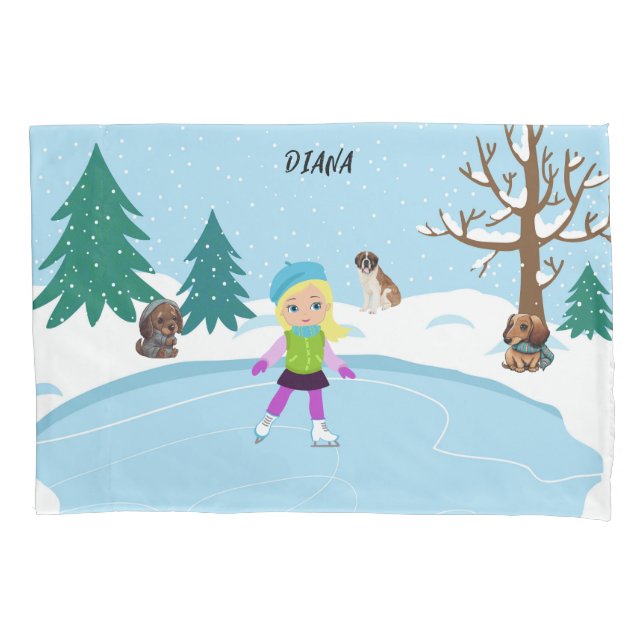Winter Ice Skating Scene personalised Pillowcase (Front)