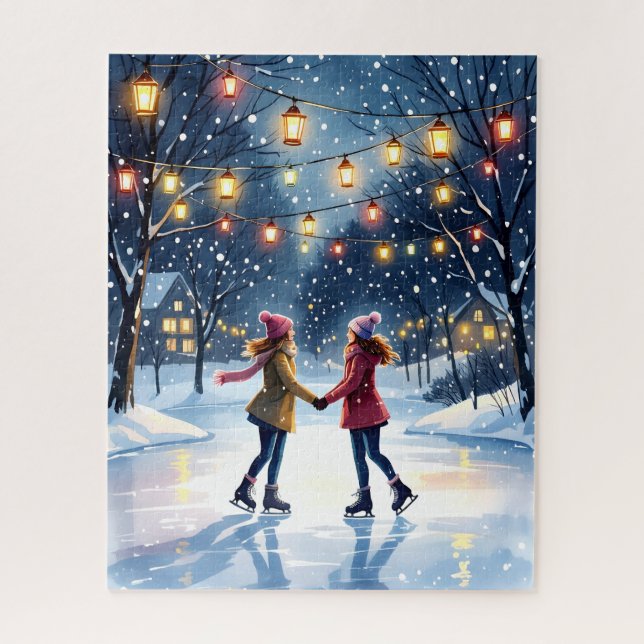 Winter Ice Skating Under Lantern Lights Jigsaw Puzzle (Vertical)