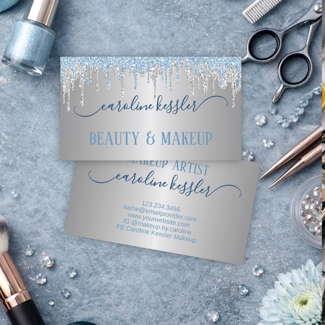 Winter Ice Sky Blue Silver Glitter Sparkles Drip Business Card (Creator Uploaded)