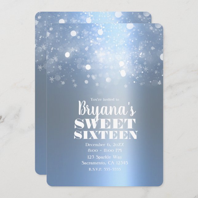 Winter Icy Blue Silver Sparkling Lights Sweet 16 Invitation (Front/Back)