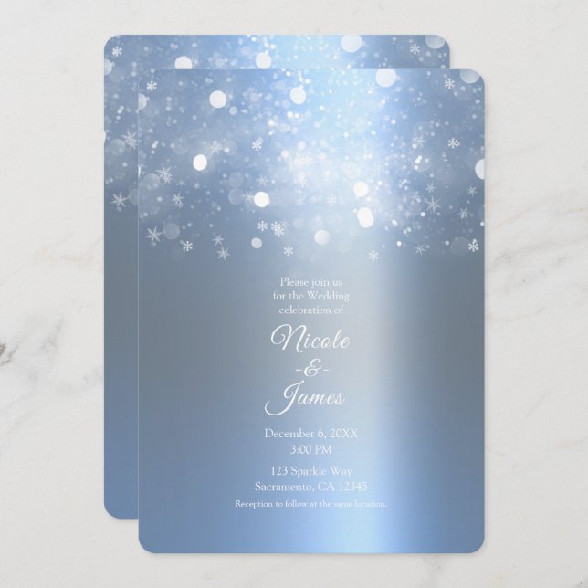Winter Icy Blue Silver Sparkling Lights Wedding Invitation (Front/Back)