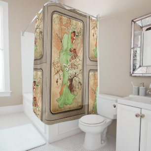 Winter In A Green Cape by Alphonse Mucha Shower Curtain