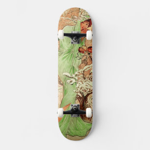 Winter In A Green Cape by Alphonse Mucha Skateboard