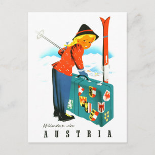Winter in Austria, ski girl with big suitcase Postcard