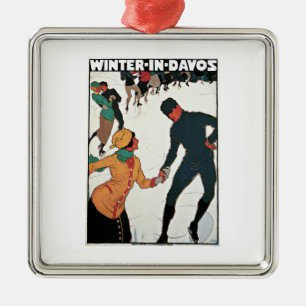 Winter in Davos Vintage Travel Poster Metal Tree Decoration