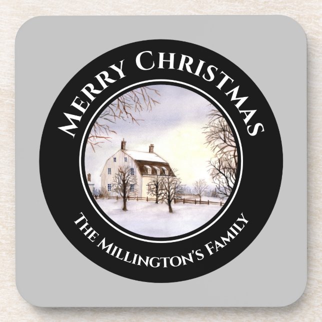 Winter in New England Christmas Black Grey Circle Coaster (Front)