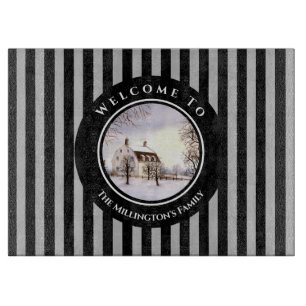 Winter in New England Christmas Black Grey Circle Cutting Board