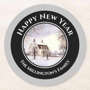 Winter in New England Christmas Black Grey Circle Round Paper Coaster