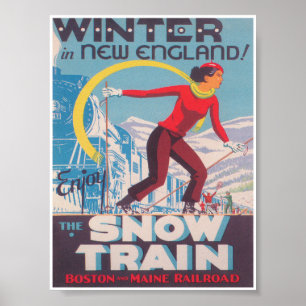 Winter in New England, Snow Train, Vintage Ski Poster