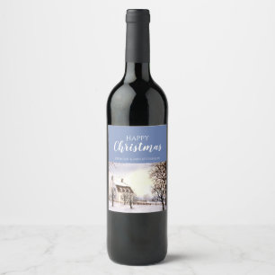 Winter in New England Watercolor Painting Wine Label