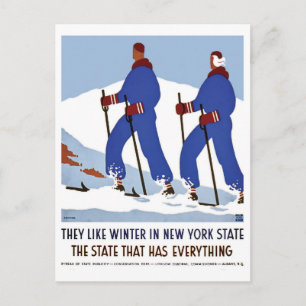 Winter in New York State, couple on ski, vintage Postcard