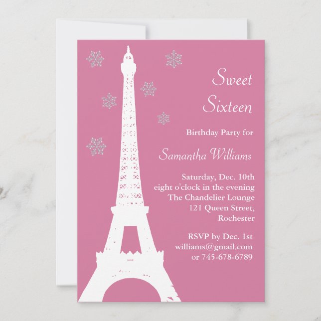 Winter in Paris Birthday Invite pink (Front)