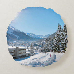 Winter in St. Moritz Round Cushion