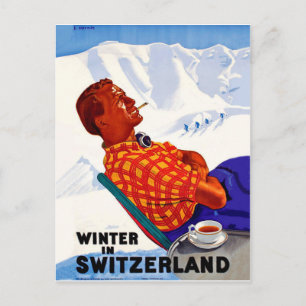 Winter in Switzerland man enjoys in the sun Postcard