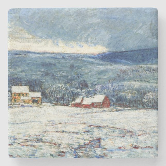 Winter in the Connecticut Hills (by Childe Hassam) Stone Coaster (Front)