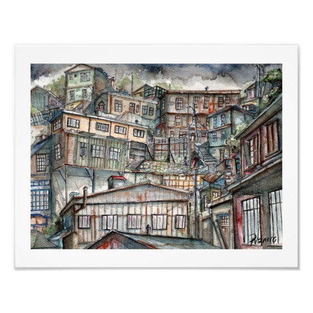 Winter in the hills of Valparaíso (watercolor). Photo Print (Front)