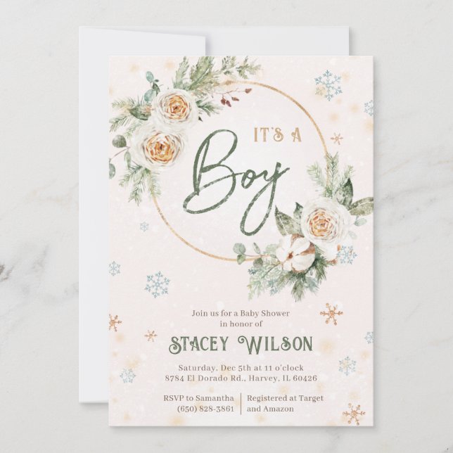 Winter It's a Boy Baby Shower Sprinkle Green Gold Invitation (Front)