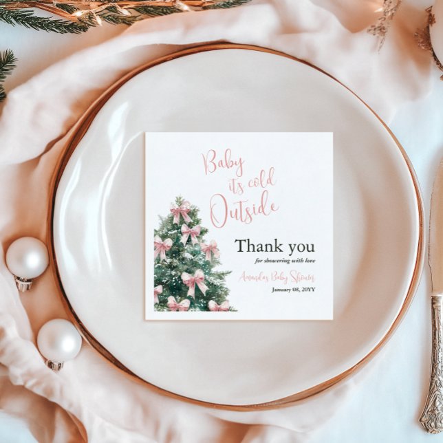 Winter It's Cold Outside Pink Bow Girl Baby Shower Napkin (Creator Uploaded)