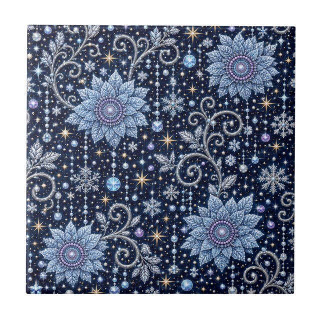 Winter Jewels – Ice Flowers Under Stars Ceramic Tile (Front)