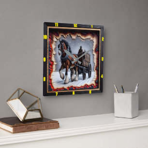 Winter Journey Charred Wood Clydesdale Square Wall Clock