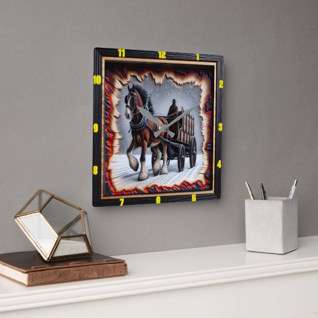 Winter Journey Charred Wood Clydesdale Square Wall Clock (Office)