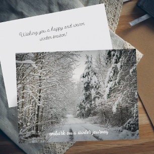 Winter journey through the woodland holiday postcard