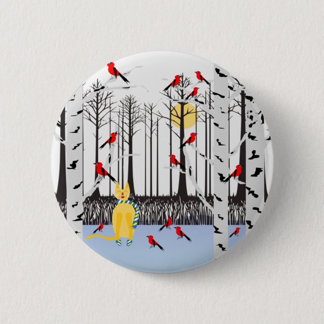 Winter Joy - Cat with scarf Birch Trees Cardinals 6 Cm Round Badge (Front)