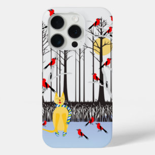 Winter Joy - Cat with scarf Birch Trees Cardinals iPhone 15 Pro Case