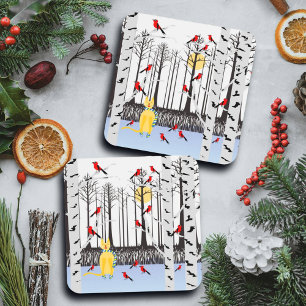 Winter Joy - Cat with scarf Birch Trees Cardinals Coaster