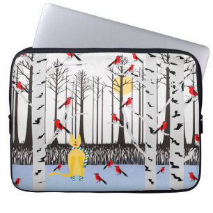 Winter Joy - Cat with scarf Birch Trees Cardinals Laptop Sleeve
