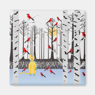 Winter Joy - Cat with scarf Birch Trees Cardinals Magnet
